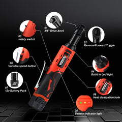TQUAGGA Cordless Electric Ratchet Wrench Set, 12V, 45ftlbs,Variable Speed Power Ratchet Wrench,with Batteries2,Automotive Repair Tools, Electric Tools Cordless,Hardware,Impact,Heavy Duty